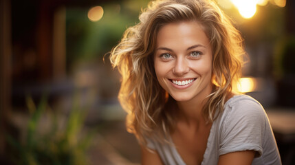 Poster - Joyful girl smiles in her back yard on a sunny day