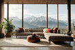 Generative KI offenes helles Wohnzimmer mit Couch große Fenster und Fernsicht auf Berge