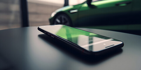 Smartphone with open electric car charging app on table against blurred green EV car background.