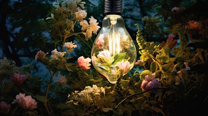 Wall Mural -  a light bulb with flowers inside of it sitting on a table.  generative ai