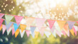 © dinastya - Triangular holiday flags on a string on street home party, blurred background. Colorful Holiday party decorations for backyard party.