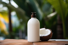 White Cosmetic Bottle And Coconut On A Wooden Table With Blurred Tropical Background. Free Space For Product Placement Or Advertising Text.