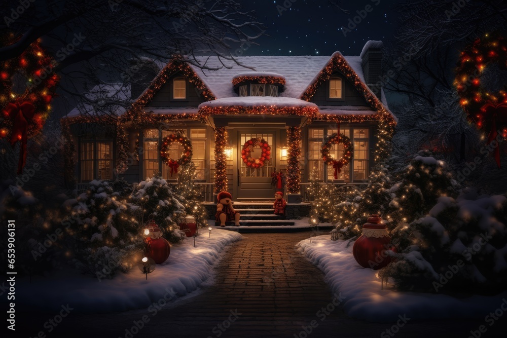 Traditional houses decorated with christmas garlands and lights