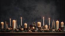  A Christmas Mantle With Candles And Ornaments On It And A Dark Background.  Generative Ai