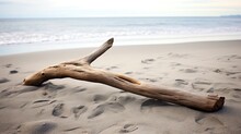  A Piece Of Driftwood On A Beach With Footprints In The Sand.  Generative Ai