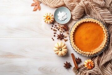 Top view of pumpkin pie preparation. Homemade traditional dessert for thanksgiving and halloween