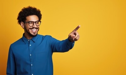 Portrait of confident black salesman pointing at product with copy space while standing over yellow background. Generative AI