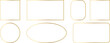 Gold shiny glowing frames set. Pack of luxury realistic square, round, oval borders. PNG