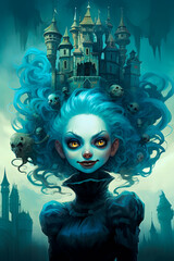 Poster - A scary pale witch with blue hair and a castle in the background. Generative AI