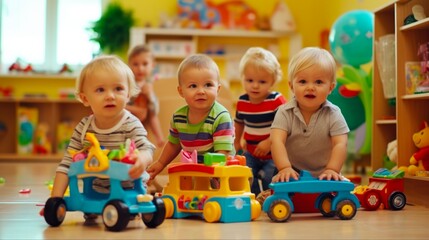 Wall Mural - Beautiful Toddler Boys Playing Creatively with Colourful Toys at Kindergarten