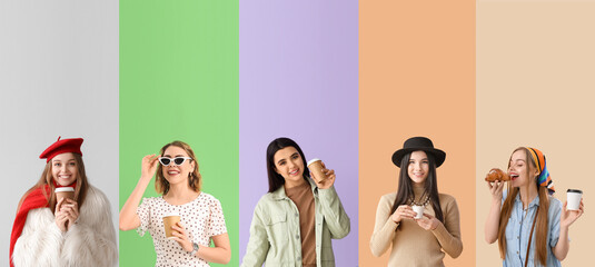 Poster - Set of different women drinking coffee on color background