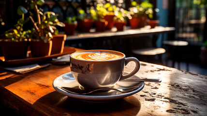 cup of latte art coffee in coffee shop