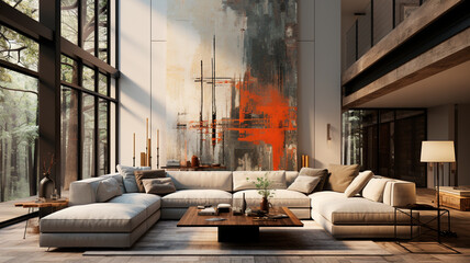 Poster - modern loft interior design with wooden sofa, armchair and fireplace