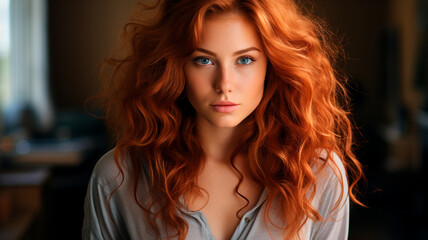 Poster - young redhead woman with red curly hair