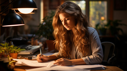 Poster - young businesswoman working on a project at night