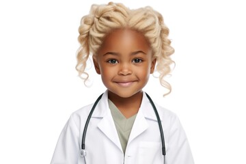 Poster - A young girl wearing a white lab coat and holding a stethoscope. This image can be used to represent a future scientist, doctor, or medical professional.