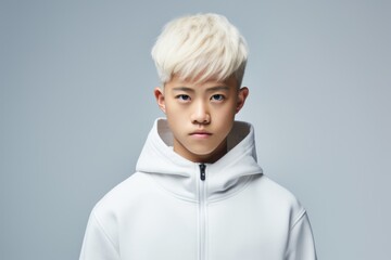 Aufkleber - A young man with blonde hair wearing a white hoodie. Versatile image that can be used in various contexts.