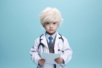 Poster - A young boy dressed in a doctor's coat holding a piece of paper. Suitable for medical, education, and career-themed designs.