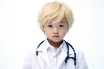 Poster - A young boy is pictured wearing a doctor's coat and holding a stethoscope. This image can be used to depict children aspiring to become doctors or to illustrate healthcare professions for kids.