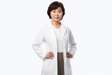 Poster - A woman wearing a lab coat poses for a professional picture. This image can be used for various purposes, such as scientific research, healthcare, education, or corporate presentations.