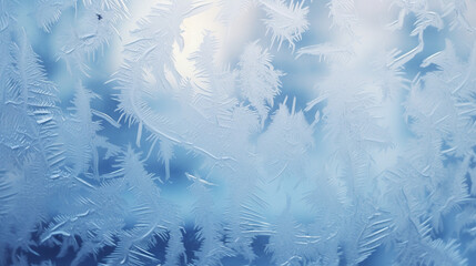 Frozen window background. Frosty weather. Blue icy background. 