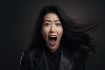 Poster - A woman with long black hair is captured in the image as she makes a funny face. This picture can be used to add humor and playfulness to various projects.