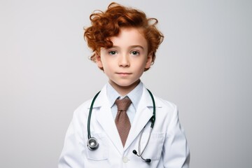Poster - A young boy dressed in a doctor's coat and tie. This image can be used to depict a child playing doctor or to represent aspirations of becoming a medical professional.