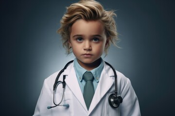 Poster - A little girl dressed in a lab coat and wearing a stethoscope. This image can be used to represent children in medical or scientific settings.