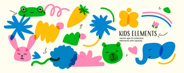 Aufkleber - A set of trendy children's items with animals. and natural objects. Bright colors with an overlay. Drawing with marker or riso print. Vector contemporary illustration.