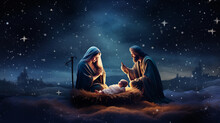 A Serene Nativity Scene With The Holy Family Under A Starry Night, Christmas Cards, With Copy Space