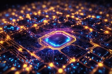 Poster - top view glowing shine neon Computer technology. ai generative