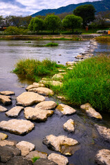 Wall Mural - Suncheon City riverwalk summer landscape with stepping stone bridges crossing the Dongcheon River in Jeollanam-do, South Korea