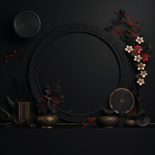 Japanese Dark Background With Ornaments And Fine China Porcelain 
