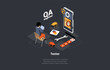 Software Testing And IT Professions. IT Software Application Testing, Quality Assurance, Debugging. Software Quality Assurance Engineering Make Tests Of Applications. Isometric 3d Vector Illustration
