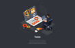 Software Testing And IT Professions. IT Software Application Testing, Quality Assurance, Debugging. IT Specialist Searching For Bugs In Code And Correcting Errors. Isometric 3d Vector Illustration