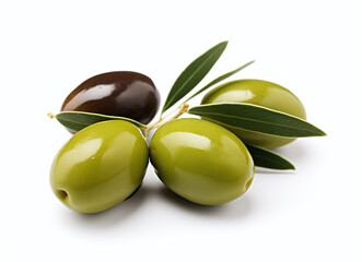 Black and green olives with leaves isolated on a white background