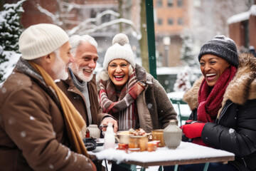 Wall Mural - Small group of senior friends having fun in cafe in winter.