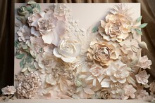 Elegant Flowery Artwork, Intricate Setting For Wedding Memories, Soft Shades Of Beige And Pastel, Romantic Decorative Wall. Generative AI