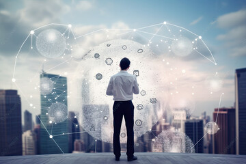 Wall Mural - Man standing in front of a modern city representing network business innovation concept, digital transformation, networked economy, collaborative innovation, ecosystem, connectivity, disruption, open