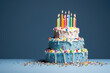 © vefimov - Vibrant image featuring a birthday cake adorned with lit candles, set against a cheerful blue background. Perfect for celebrations, joy, and festive-themed visuals.