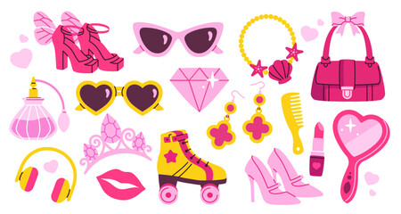 Set of stickers. Pink illustrations of glasses, bag, perfume, rollers, accessories, heels and cosmetics. Doll design elements. Cartoon flat vector collection isolated on white background