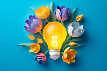 Wall Mural - light bulb against of colorful flowers on a green background. concept of ideas, creativity, inspiration