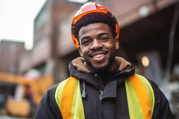 young black male worker on a construction site. He is wearing a yellow construction helmet and vest, and holding some kind of tool in his hands