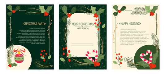 Merry Christmas Party Invitation Set. Posters or corporate Holiday card with plant branches, holly berries, Christmas candy canes and text template. Cartoon flat vector collection isolated on white