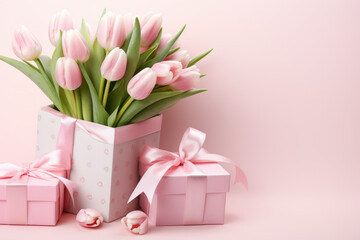 Poster - Beautiful bouquet of pink tulips presented in pink gift box. Perfect for gifting on special occasions or as decorative centerpiece.