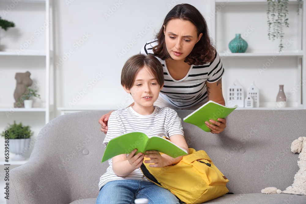 Mother helping her little son with homework at home