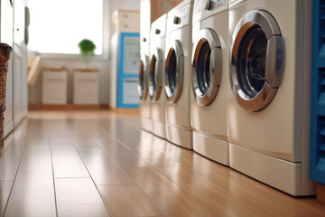 Wall Mural - Row of washing machines in laundry room. Perfect for illustrating professional laundry service or household chores.