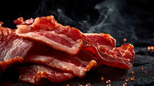 Slices Of Fried Bacon, Cut To Perfection, Display Macro Details On A Dark Background. Bacon In Golden Texture And Rich Tones In Visual Contrast.