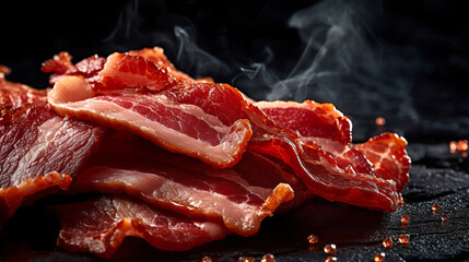 Slices of fried bacon, cut to perfection, display macro details on a dark background. Bacon in golden texture and rich tones in visual contrast.