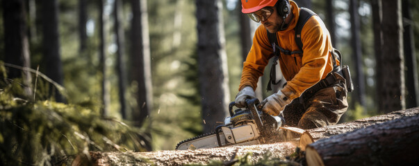 Woodcutter saws wood in the amazing forest with a chainsaw.